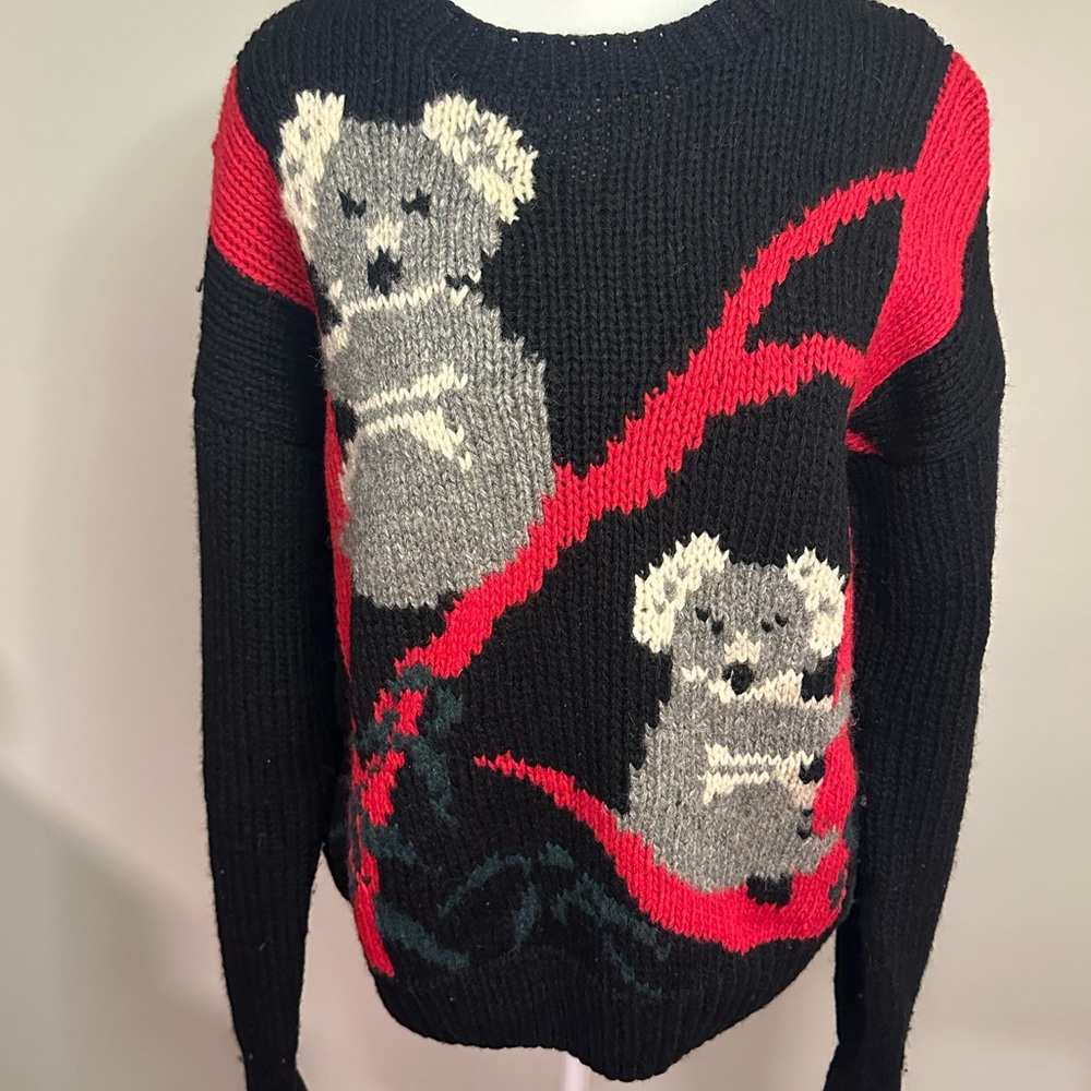 Vintage Pure Wool Koala Patterned Black and Red Sweater